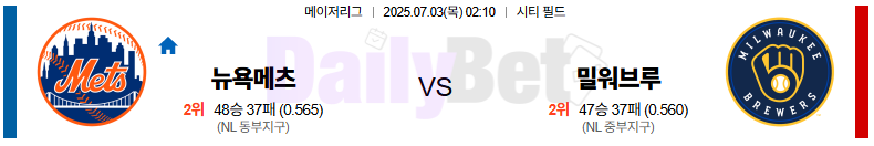 07월 03일 MLB 뉴욕메츠 vs 밀워키 더블헤더 1경기